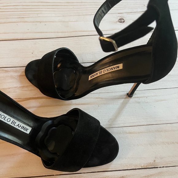 Manolo Blahnik Tres Ankle Strap Sandal Black Suede Sz 38 - Picture 4 of 10